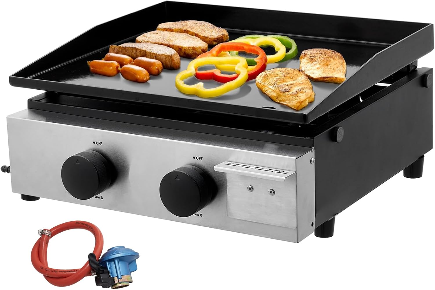 Warmiehomy 2 Burner Portable Gas BBQ Barbecue Grill, Small Gas BBQ Grill Ceramic Coated Cast Iron Plate with Built-in Thermometer for Outdoor Camping Cooking, 45x46x21cm