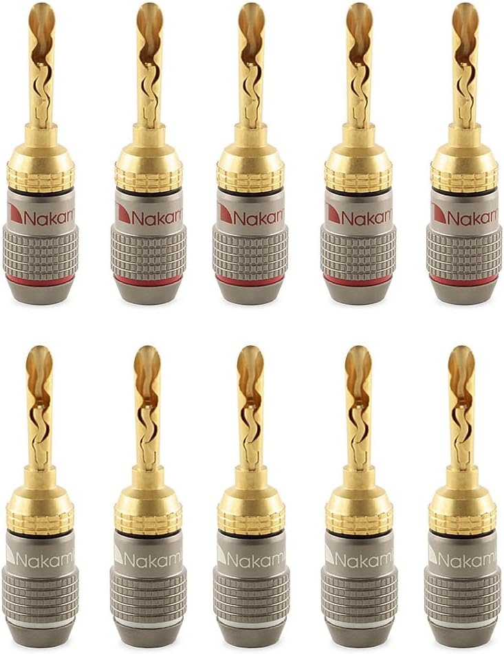 Nakamichi FanLock Excel Series 24k Gold Plated BFA Banana Plug 10 AWG - 18 AWG Gauge Size 4mm for Speakers Amplifier Hi-Fi Stereo Home Theatre Radio Audio Wire Cable Quick Connector, 10 Pcs (5-Pairs)