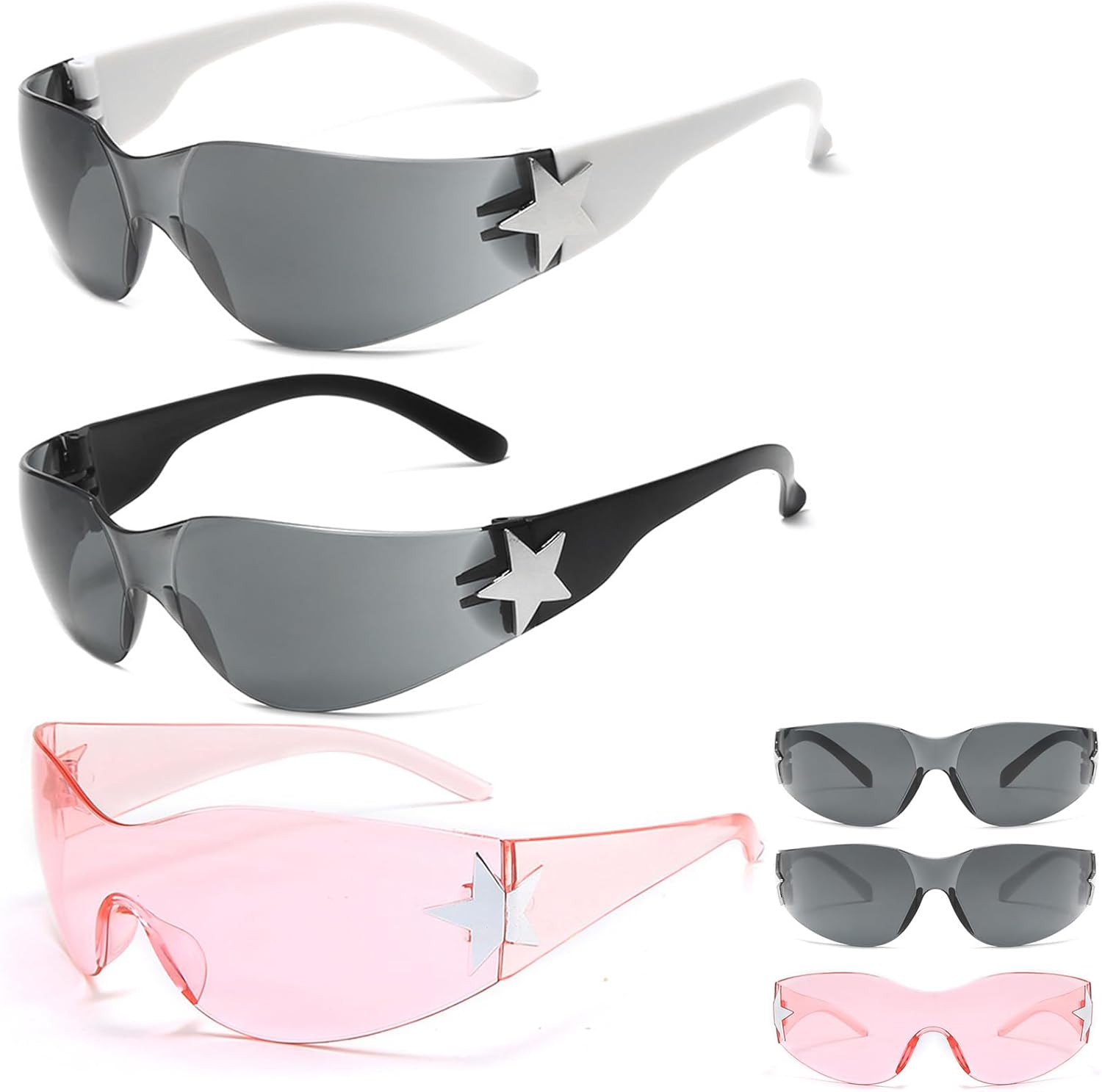 PGKDYC 3PCS Y2K Sunglasses, Rave Glasses, Wrap Around Sunglasses Women, Cool Glasses, Perfect for Rave Parties, Outdoor Music Festivals, and Fashion Events