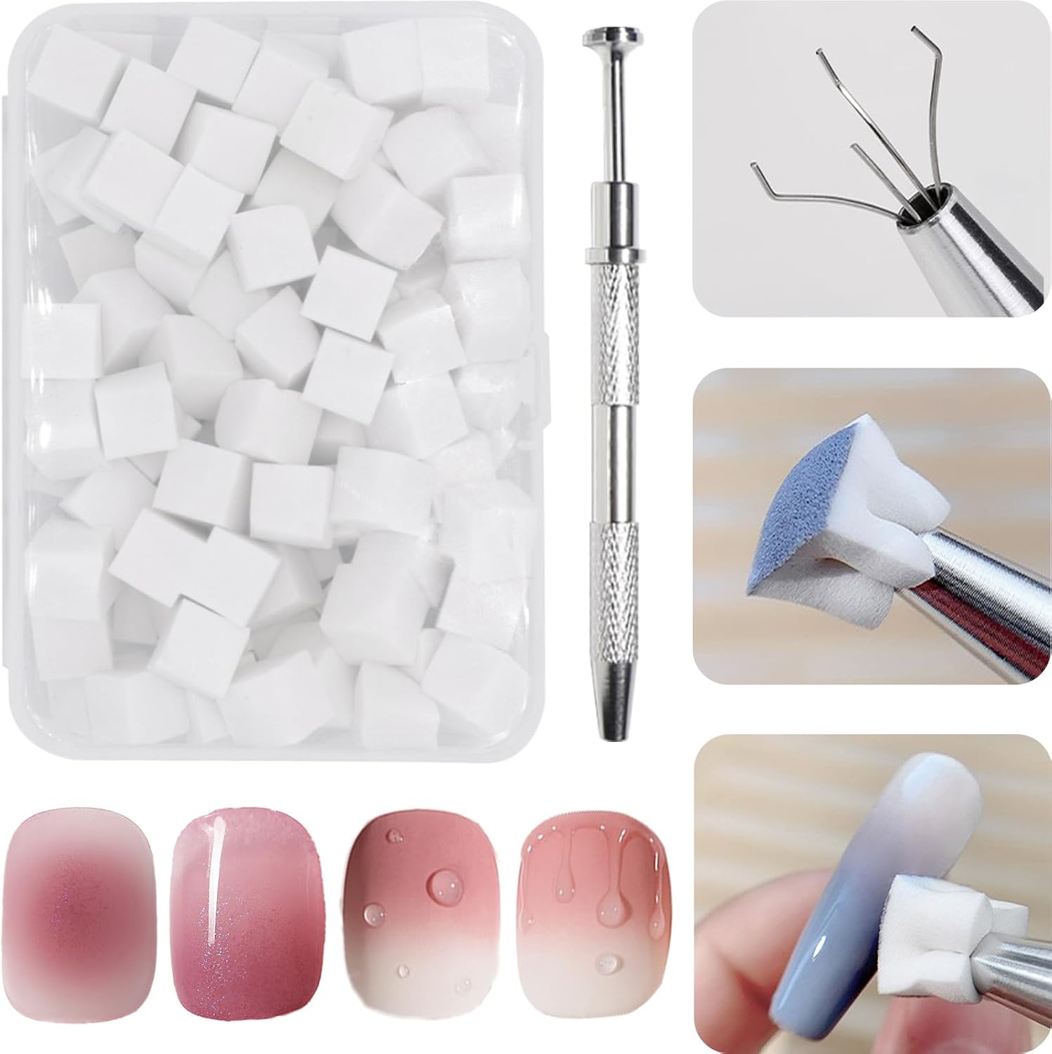 100 Pcs Nail Sponges for Ombre Nail Art, Metal Grabber, Brush, Design Tools, Gradient Patterns