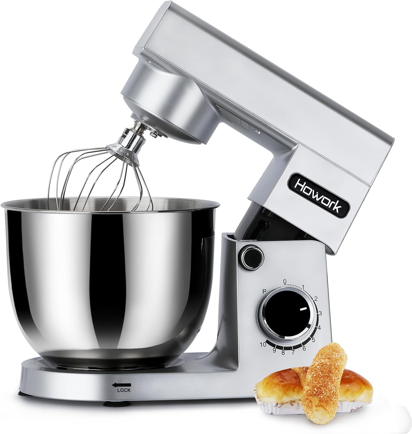 HOWORK Stand Mixer,10+p Speeds With 5.5QT Stainless Steel Bowl,Dough Hook, Wire Whip & Beater,for Most Home Cooks,Silver