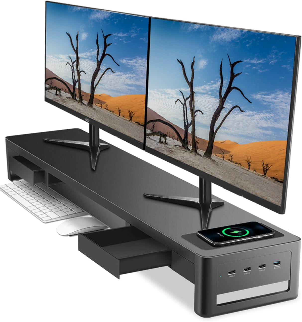 meatanty Dual Monitor Stand Riser with Drawer, Wireless Charging, USB | Metal desk organiser lifts two screens and adds data transfer, device charging and convenient storage for home or office.
