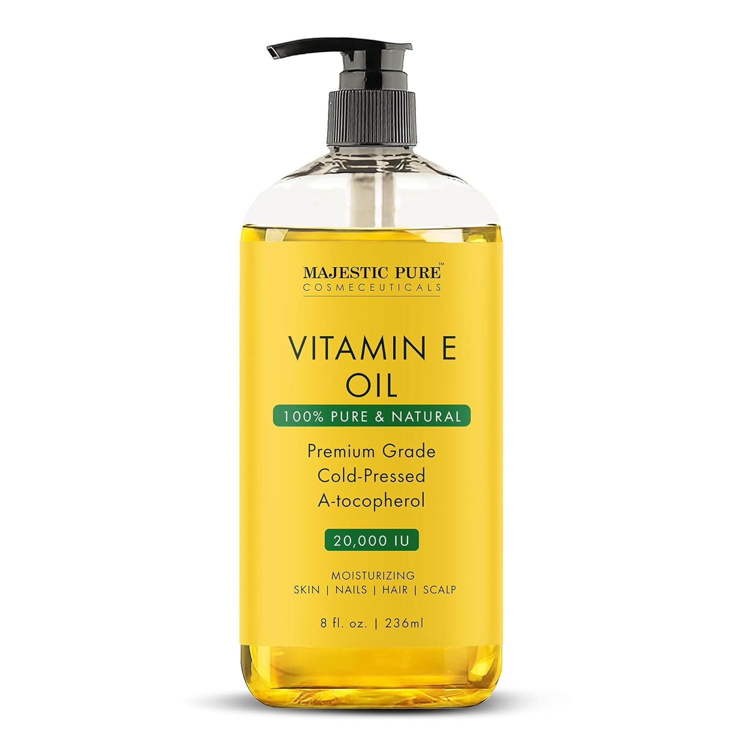 Majestic Pure Vitamin E Oil - 100% Pure & Natural, 20,000 IU | Premium Grade, Cold-Pressed and Tocopherol to Repair Dry, Damaged Skin| Moisturizing Skin, Hair and Scalp 8 Fl Oz