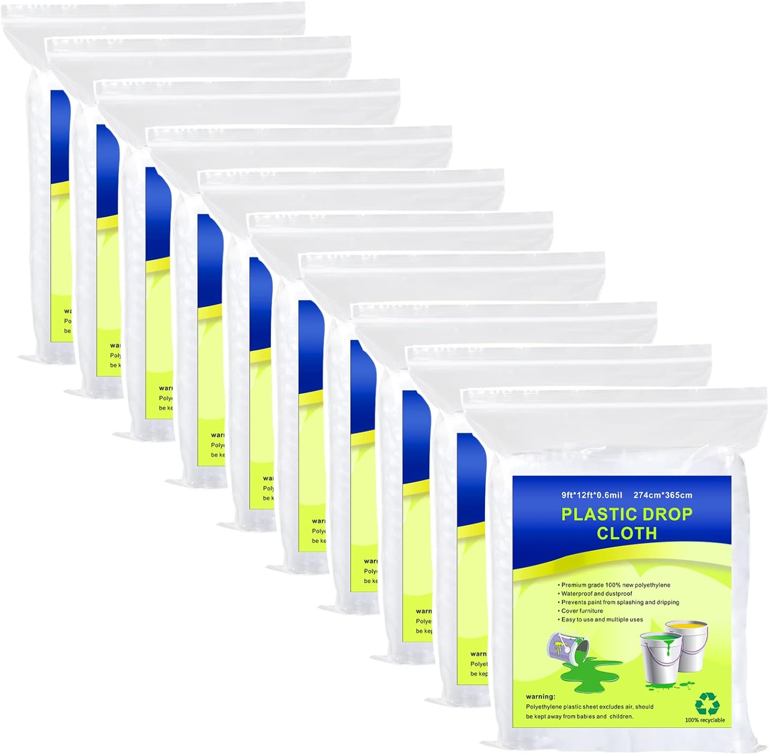 10 Pieces Plastic Drop Sheets for Painting, Waterproof and Dust-Proof Clear Cloth for Furniture Cover, 9x12 Feet Tarps