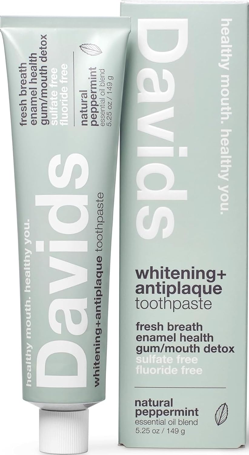 Davids Natural Whitening Toothpaste, Antiplaque, Fluoride Free, SLS Free, Peppermint, 5.25 OZ Metal Tube, Tube Roller Included