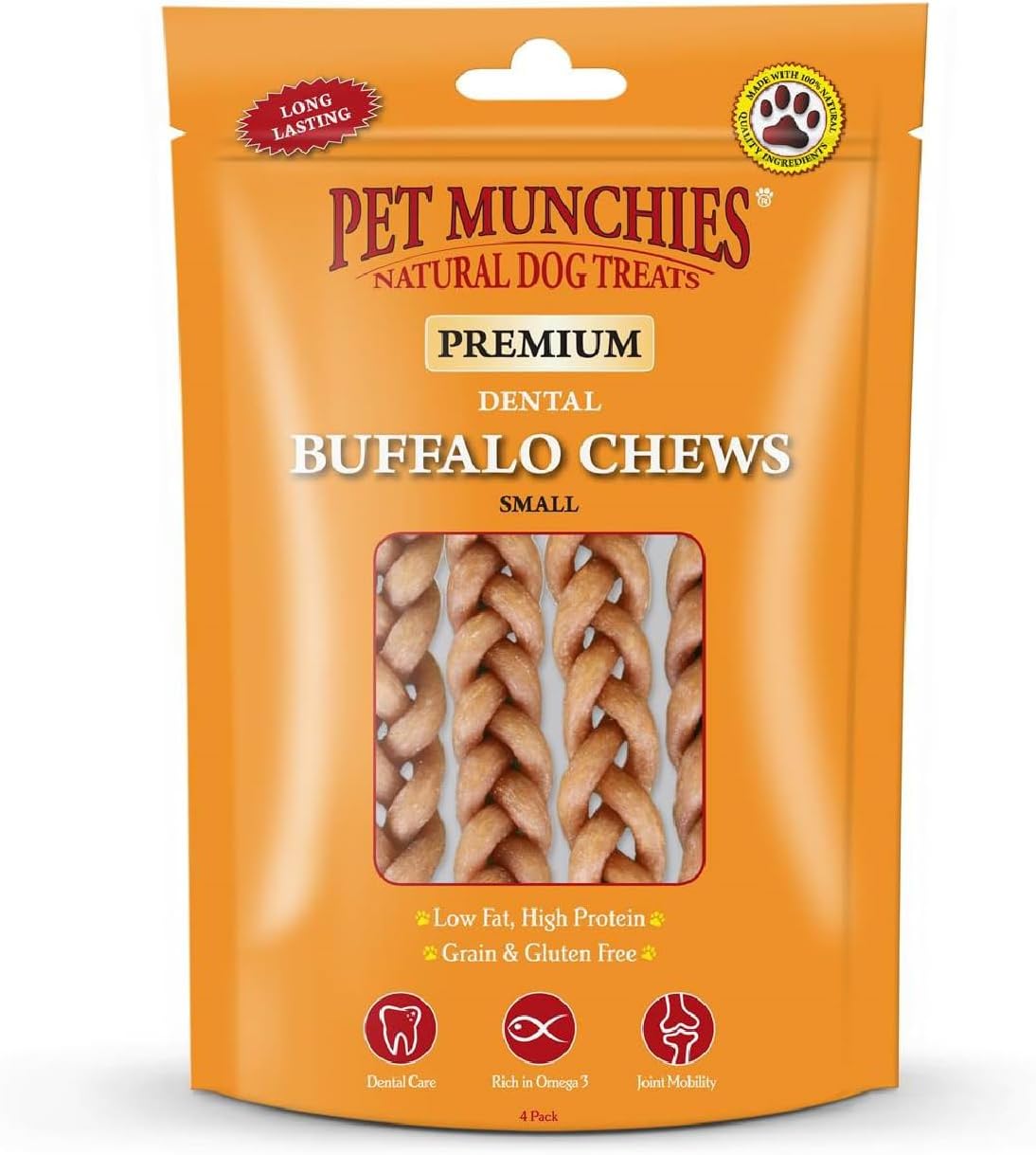 Pet Munchies Small Buffalo Dental Chews, Healthy, Natural and Long-Lasting Dog Treats, Grain Free and Low in Fat 55g (4 Chews)