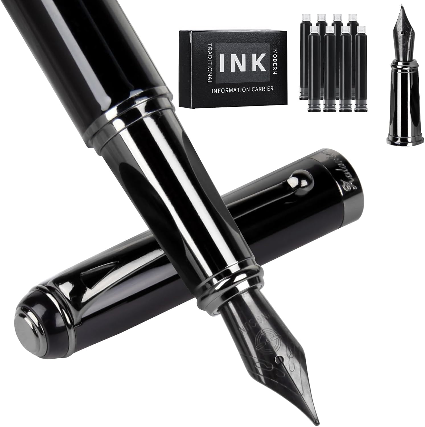 Zalantan Fountain Pen-Smooth Writing Metal Water Pen with Gift Case Medium Nib Consistent Ink Flow Luxury Pen for Nice Pens Enthusiasts Includes 8 Ink Cartridges and and Calligraphy Nib(Grey)