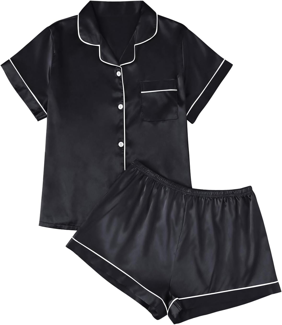 LILLUSORY Silk Satin Pajama Set for Women 2 Piece Lounge Pjs Shorts Matching Summer Sleepwear Button Down Shirt Shorts