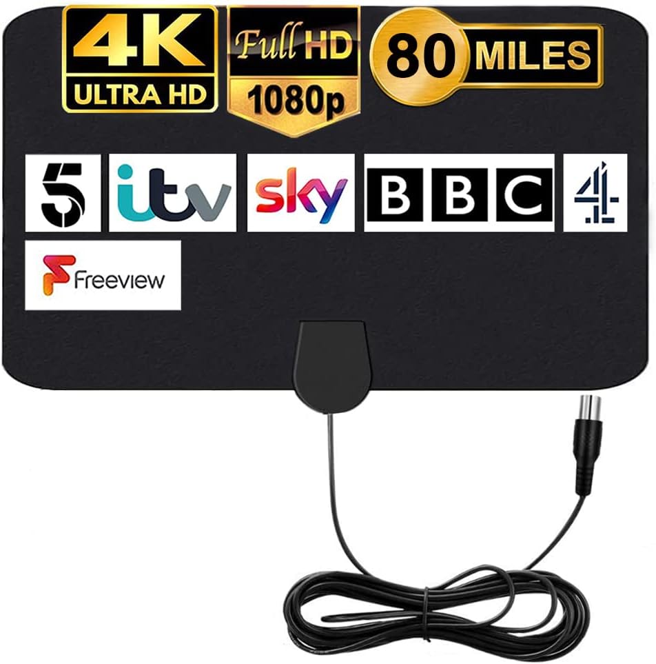 TV Aerial Indoor TV Aerial - 80 Miles Digital HDTV Antenna Freeview Antenna VHF UHF 4K 1080P for Local Channels Support ALL Television – 12.2 FT Coax Cable