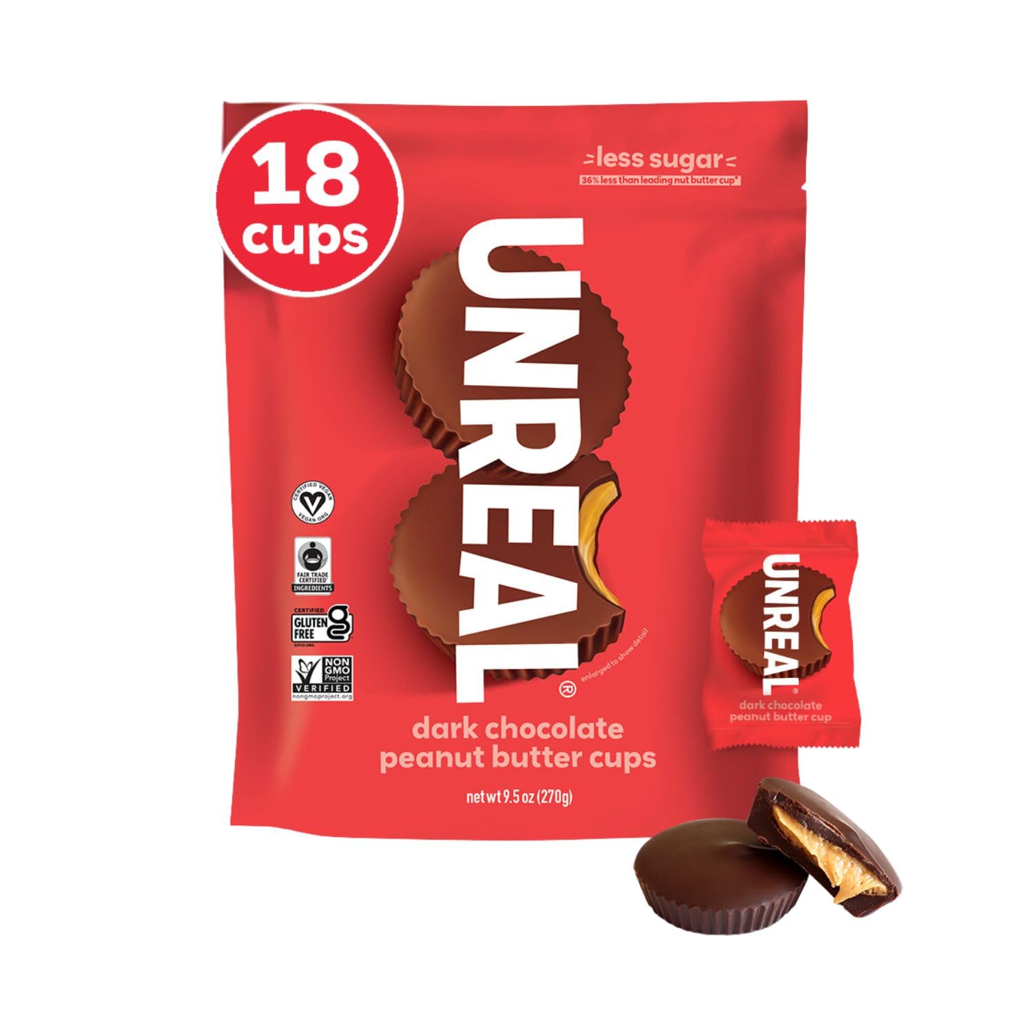 UNREAL Dark Chocolate Peanut Butter Cups, Individually Wrapped, Value Bag | Creamy organic peanut butter in rich dark chocolate with only 5g sugar, vegan, gluten free, dairy free and simple ingredients