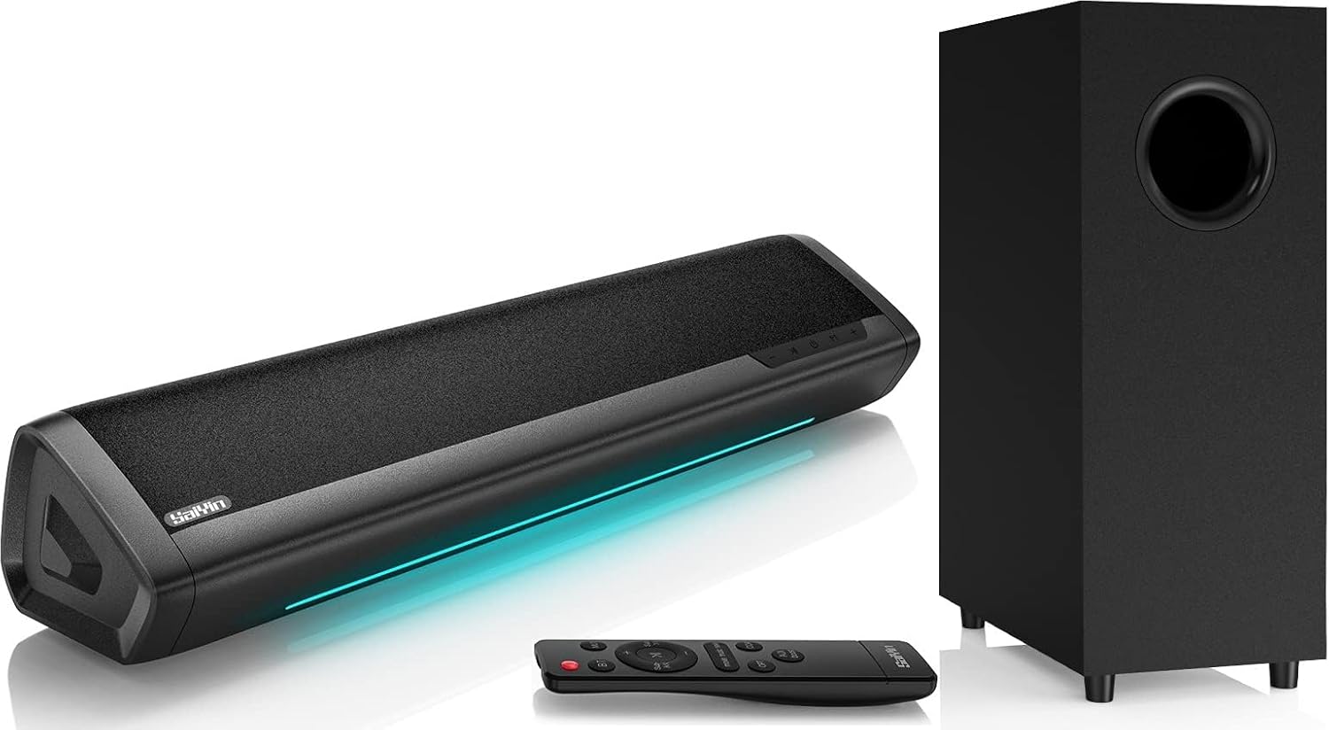 Saiyin Sound Bar with Subwoofer, Home Theater Surround System for TV PC | 5" Subwoofer, Dual Bass Reflex Ports, Support Optical/AUX/Bluetooth 5.3 Input, Adjustable Bass, With Volume Indicator