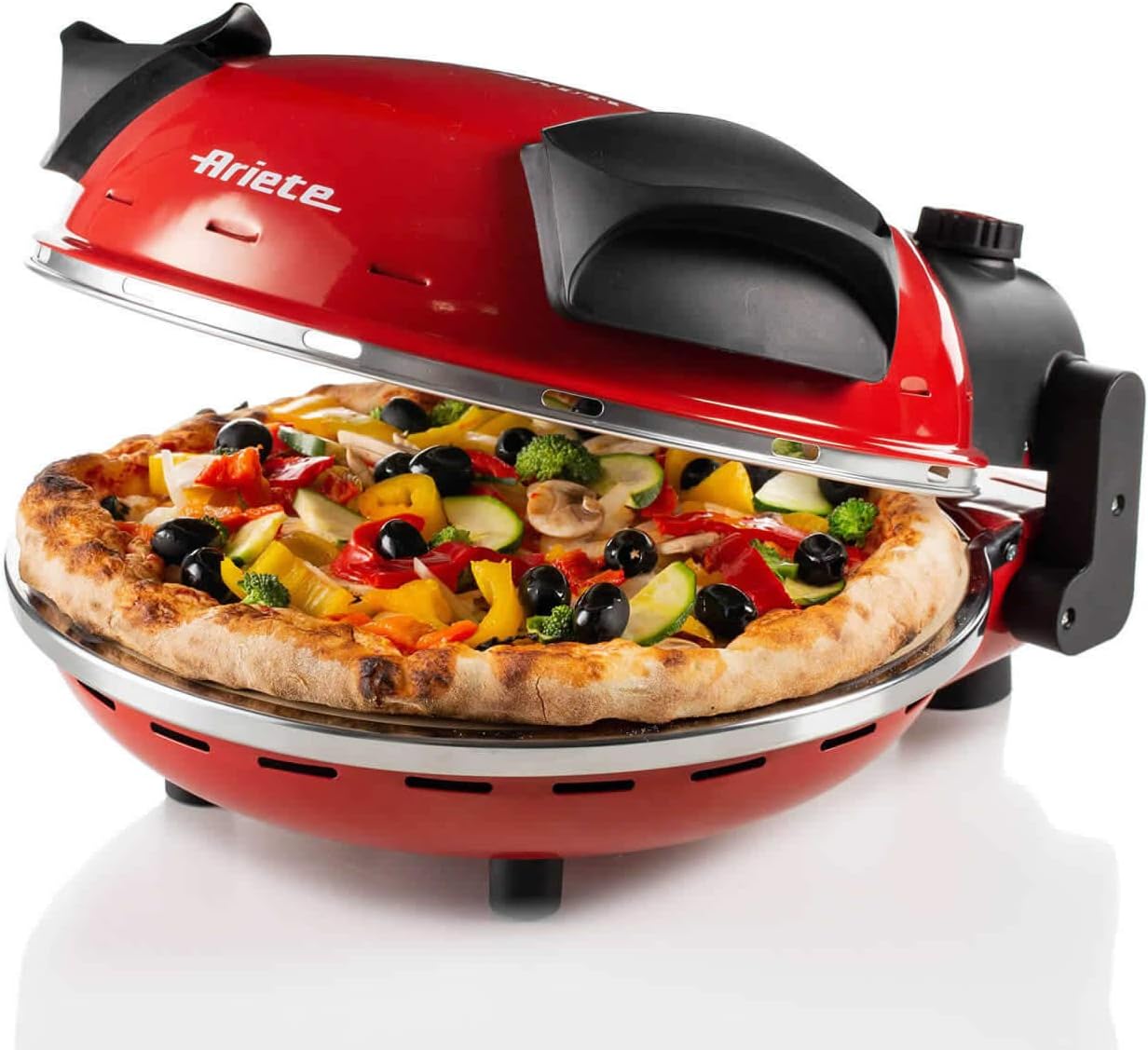"""Ariete 909 Fast and Compact Pizza Making Machine for Both Fresh and Frozen Pizzas, Forno Pizza da Gennaro equipped with a Timer and 5 Temp Levels, 1200 watts (Red)"""