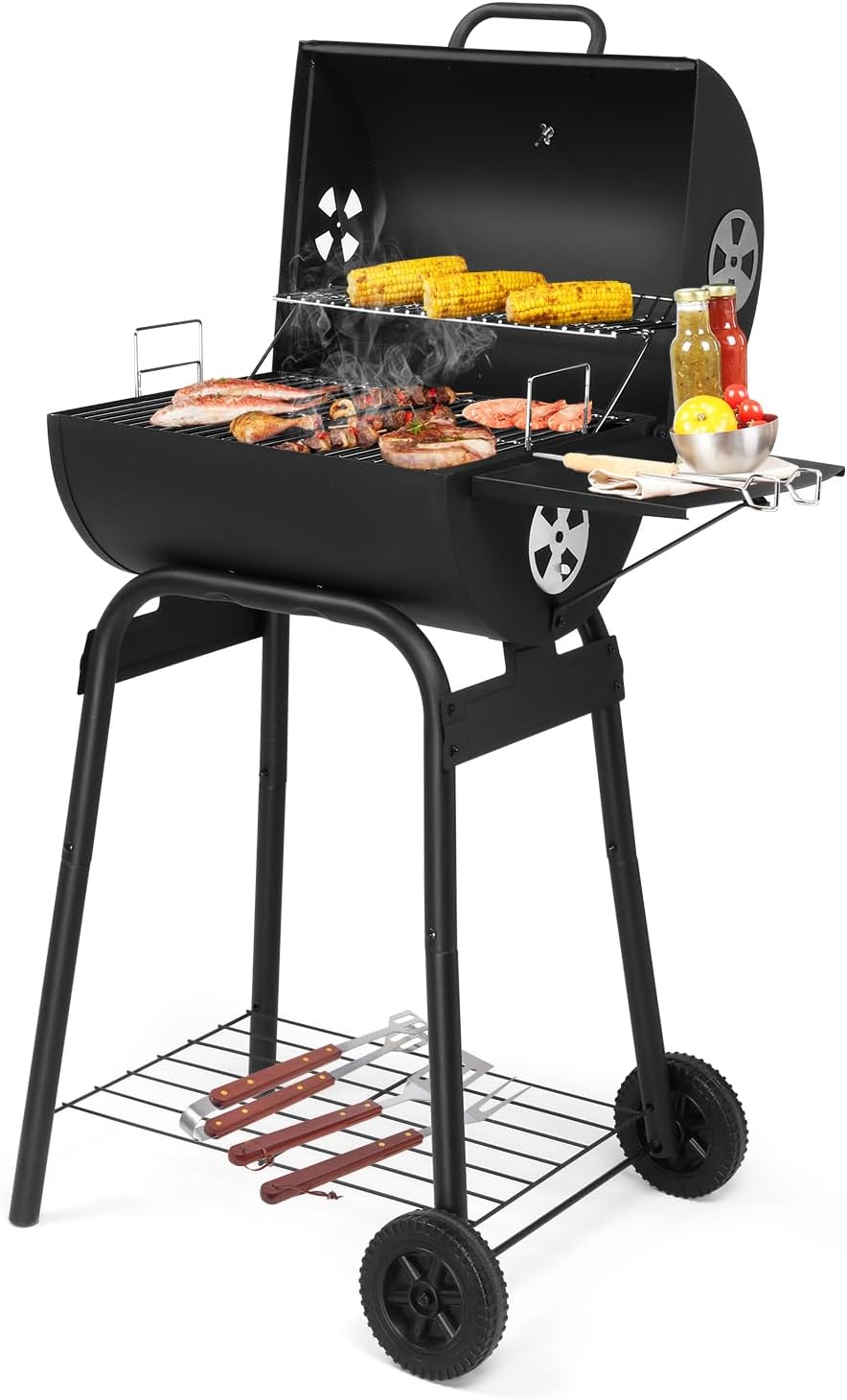 Outdoor BBQ Charcoal Grill, Portable Barrel Charcoal Grill 500 Sq. in. Cooking Area with Side Table & Wheels for Patio Backyard Picnic Cooking Camping