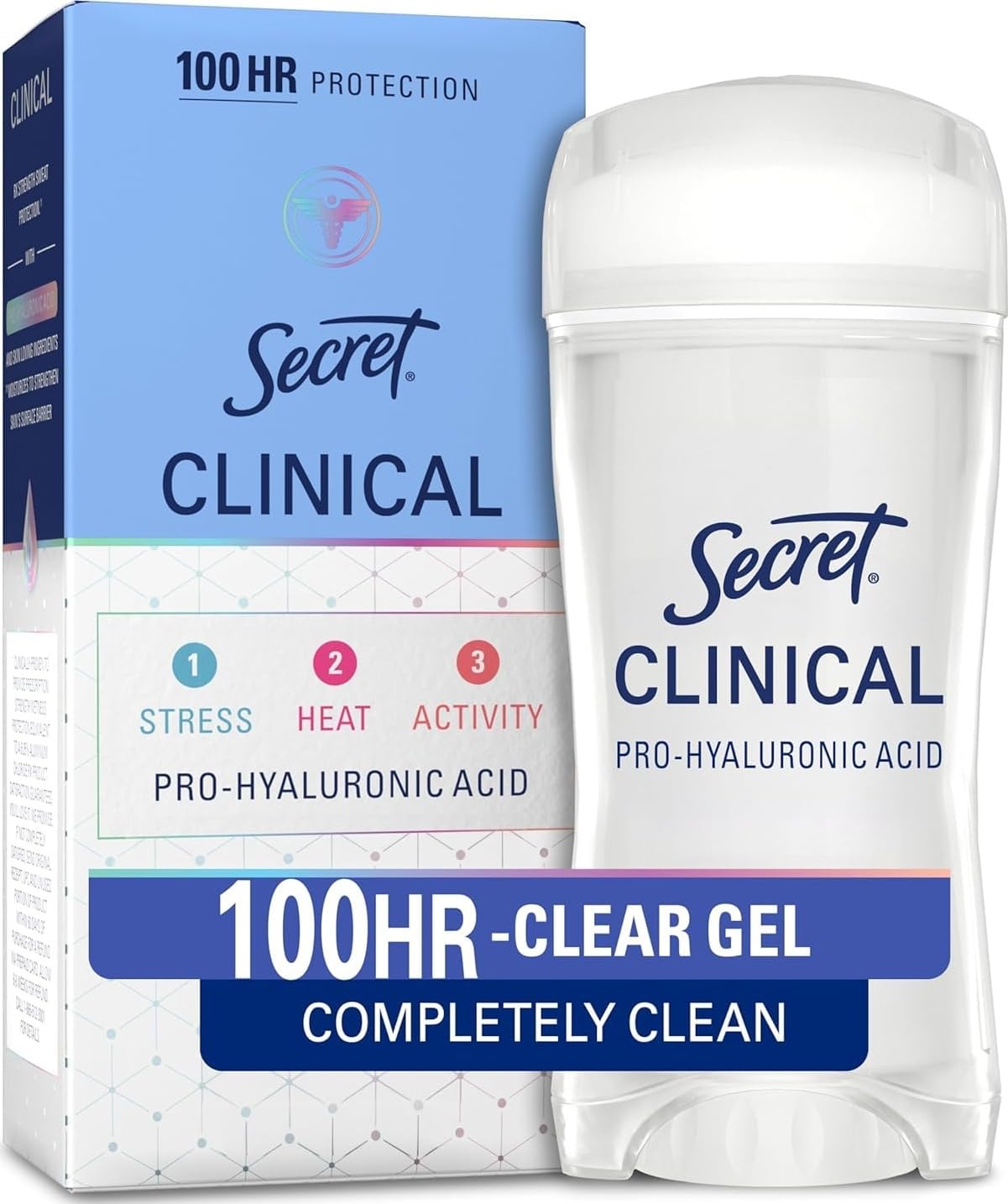 Secret Clinical Strength 100HR Sweat & Odor, Clear Gel Antiperspirant Deodorant for Women, 3X Stress Protection with Hyaluronic Acid, PH Balancing Minerals, Completely Clean Scent, 2.6 oz
