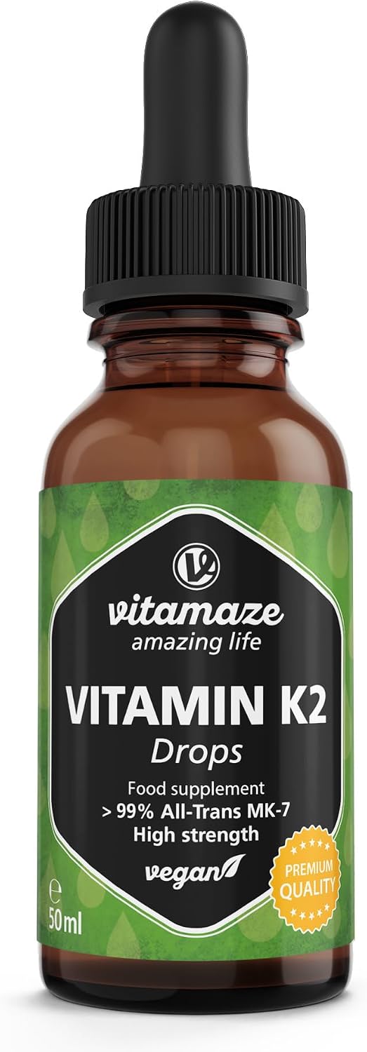 Vitamin K2 Drops, 200 mcg Vitamin K2 per Daily Dose, High Strength, Vegan & Liquid, MK-7 Menaquinone (> 99% All-Trans Form), 50 ml (1700 Drops), Supplement Without Additives, High Bioavailability