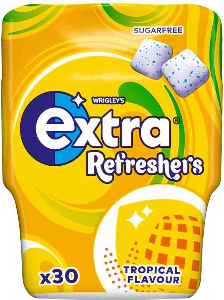 Wrigley's Extra Refreshers Sugarfree Chewing Gum, Tropical Flavour Bottle, 1 x 30 Pack