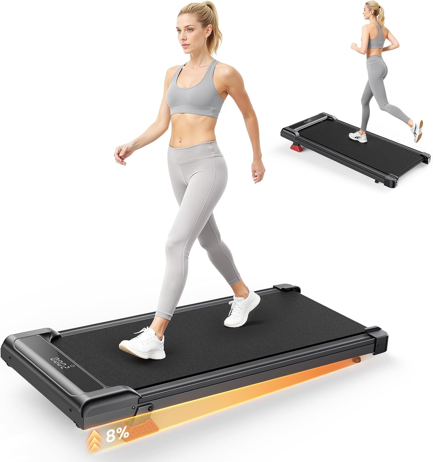 HomeFitnessCode Walking Pad Treadmill 8% Incline, Treadmills for Home, 2.5HP Portable Electric Under Desk Treadmill with LED Display & Remote, Adjustable Speed, No Assembly