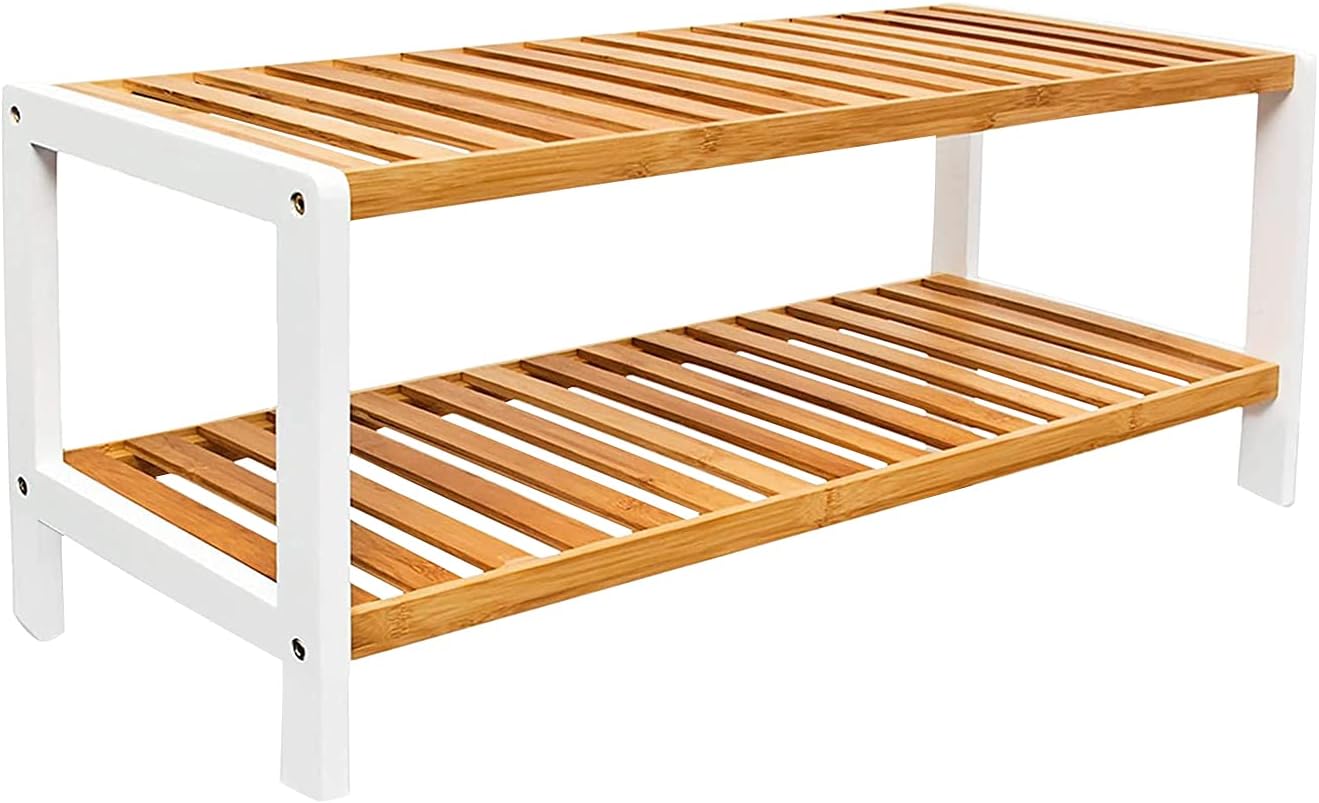 1ABOVE Bamboo Shoe Rack, Plant Rack, Perfect for Corridor, Living Room, Bathroom, Bedroom,Hallway or small spaces (Natural & White)