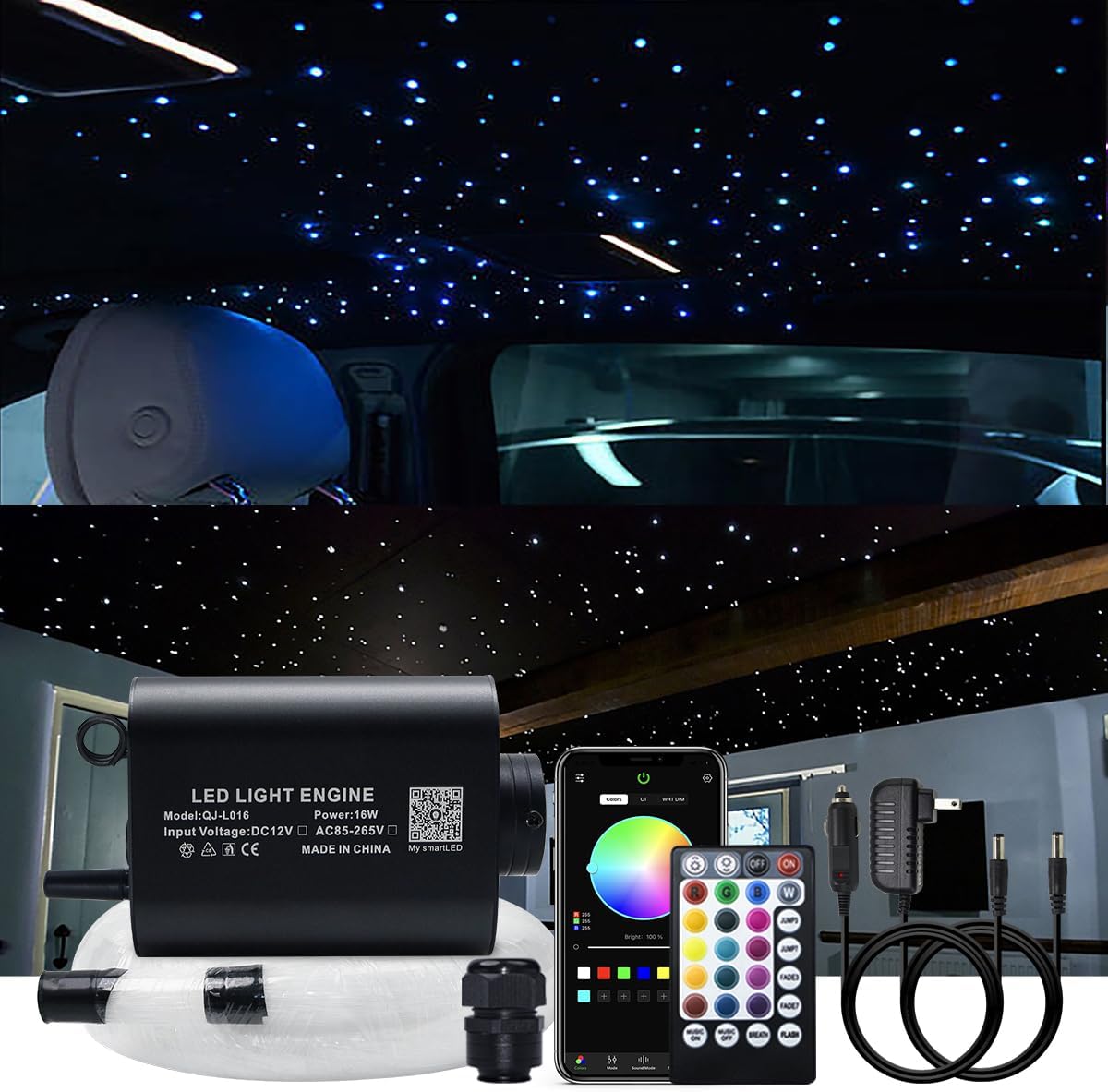 AKEPO 16W Fiber Optic Lights Star Ceiling Light Kit APP Control for Car & Home,Fibre Optical Cable Strands 150pcs 0.75mm 6.5ft/2m+28key Musical Remote Control