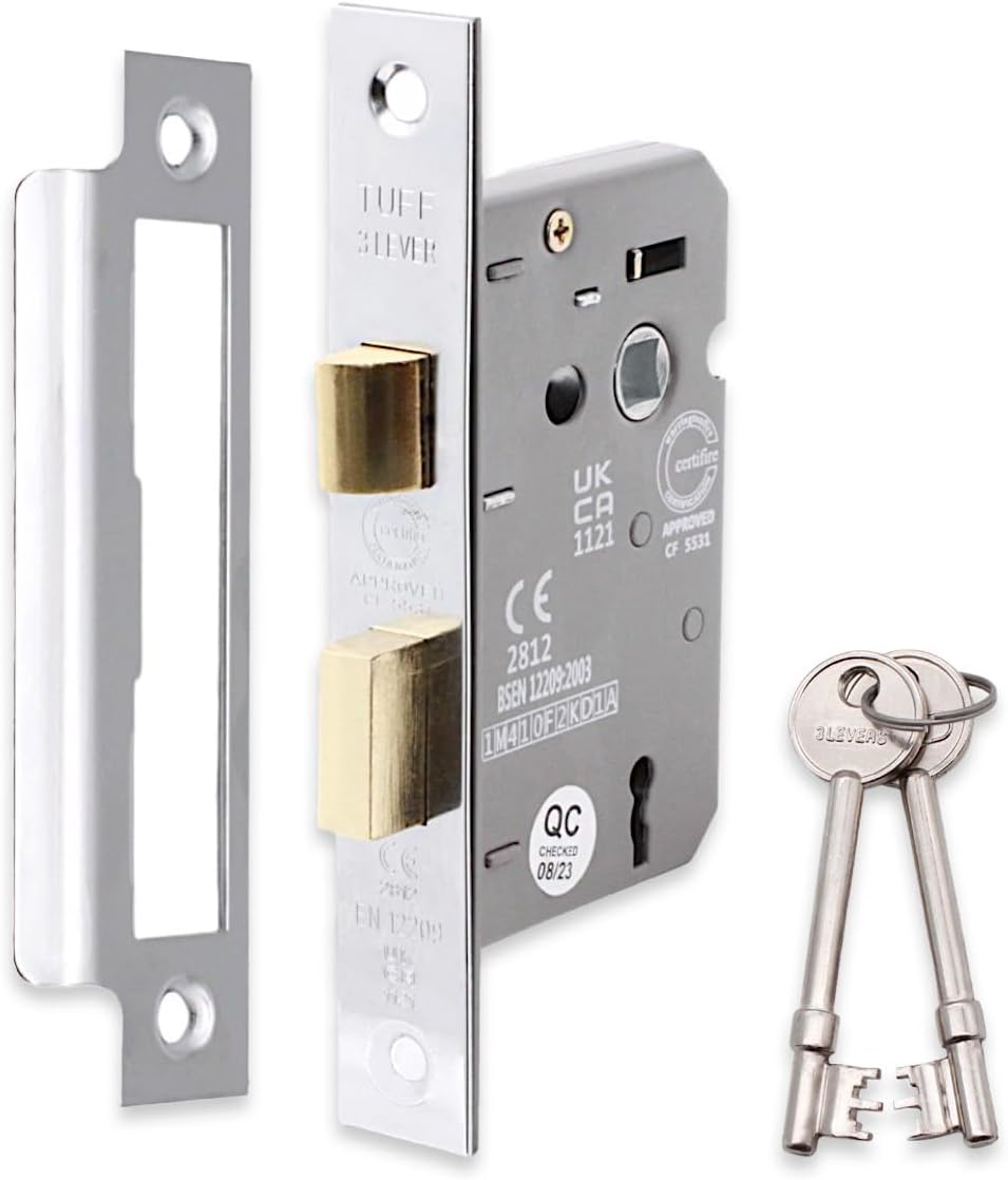 Infinity Decor Fire Rated 2.5” (65mm) Nickel Plated 3 Lever Mortice Sash Lock with Pair of Keys Set Security for Internal & External Wooden Door Gates