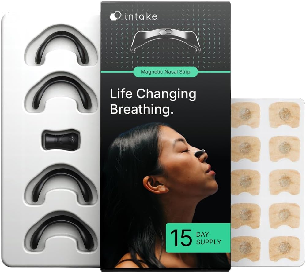Intake Breathing Nasal Strip Starter Kit (15 Count, Black) - Boost Oxygen Intake, Reduce Snoring, Improve Sleep Quality - Sweat Resistant, Skin Safe Nasal Strips - Extra Strength Snoring Solution