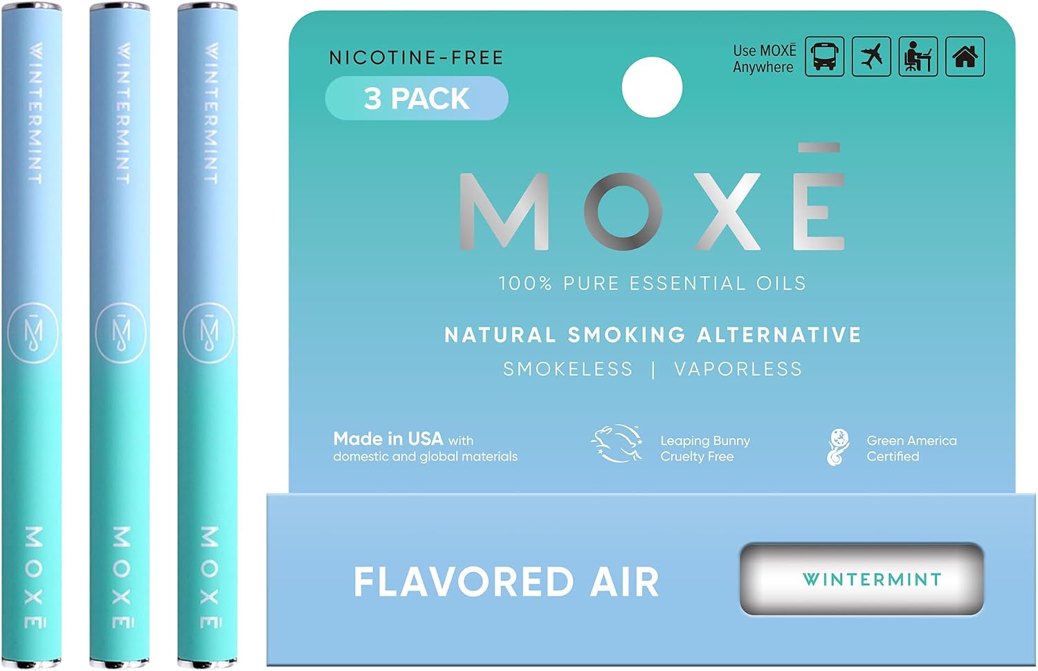 MOXE Natural Wintermint Air Inhaler | Non Electric Long-Lasting Flavored Air Refreshing Support | Oral Fixation Wintergreen & Menthol Essential Oils, Craving Relief - 3 Pack
