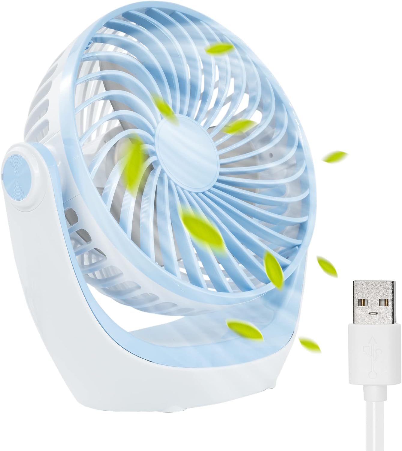 TANNESS USB Desk Fan - 3 Speed, Quiet, 360° Rotation - Portable Mini Fan for Home, Office, Travel - Strong Airflow, Silent, Compact, USB Rechargeable - Powerful Cooling Desktop Fan - Sky Blue