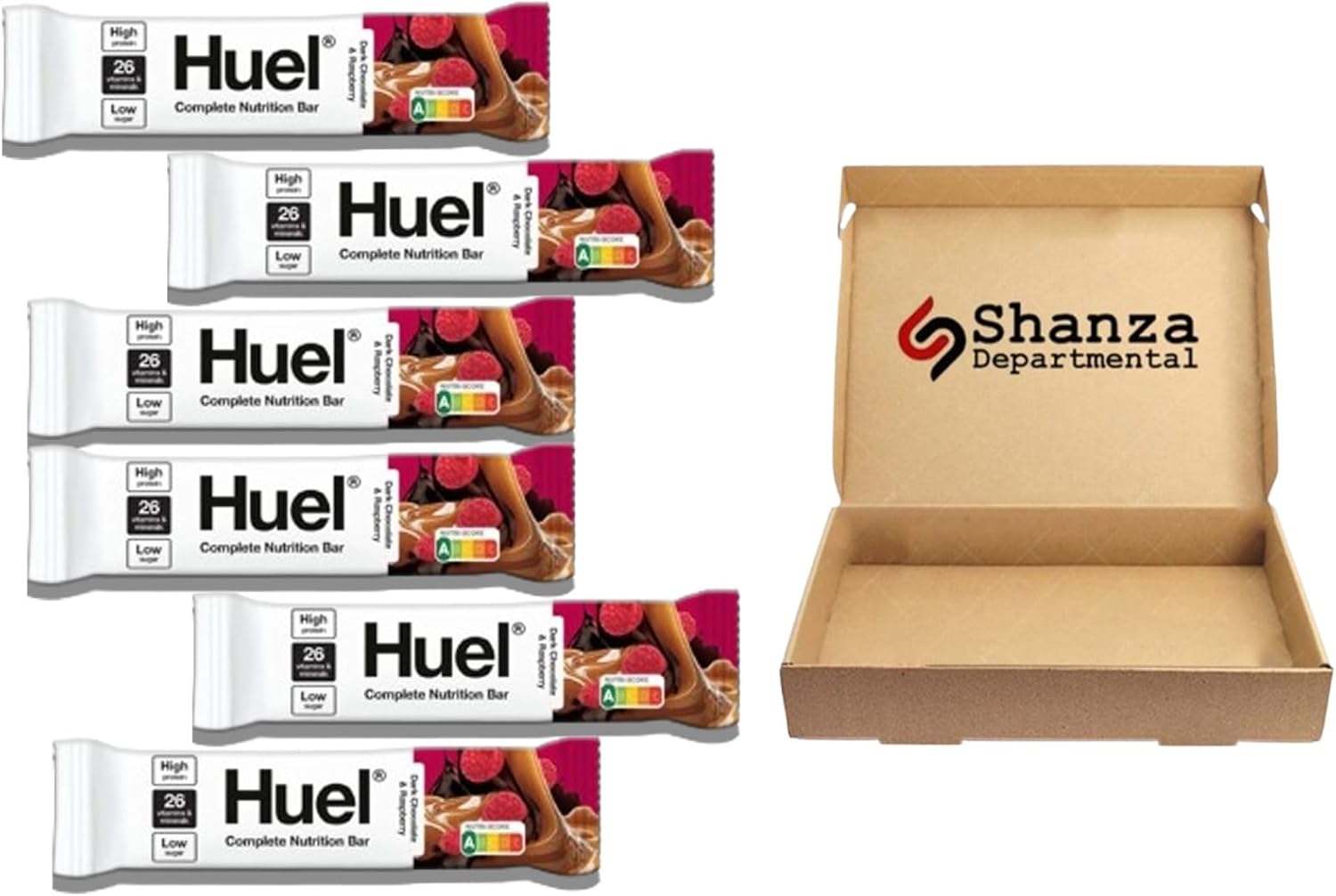 Huuel Complete Nutrition Bar Dark Chocolate Raspberry – 6 x 55g High Protein Plant-Based Snack Bars | Low Sugar, High Fibre, Vegan Chocolate, Under 210 Calories