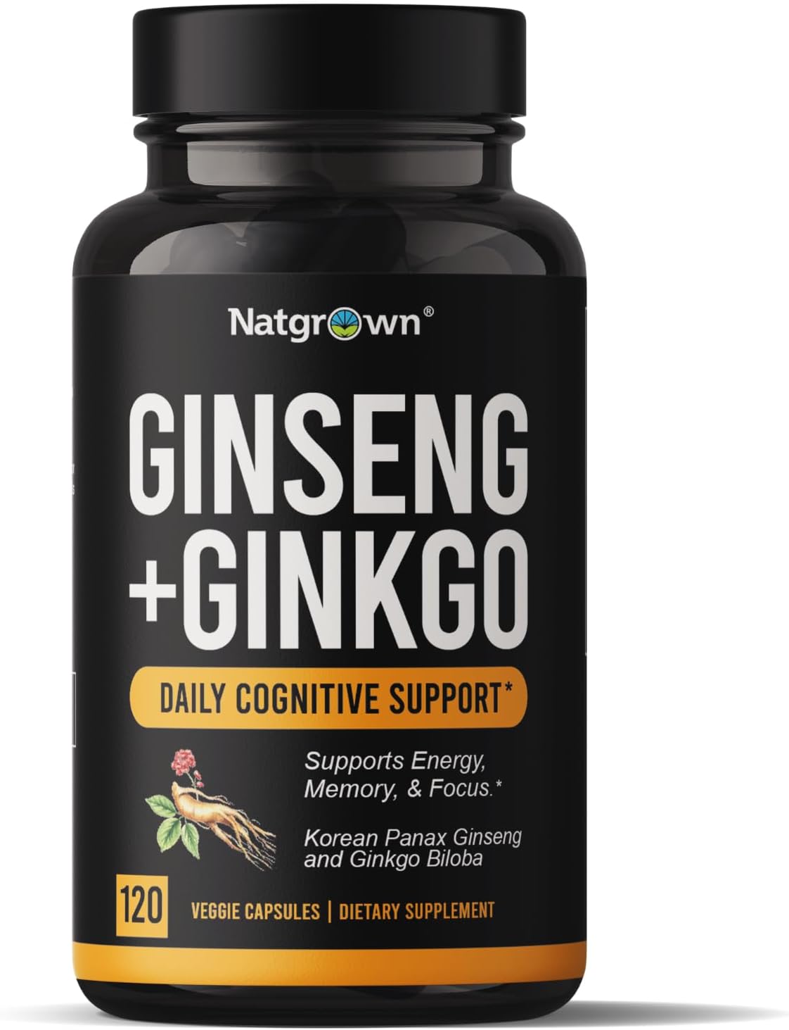 Natgrown Panax Ginseng & Ginkgo Biloba Supplement - Vegan - 120 Count