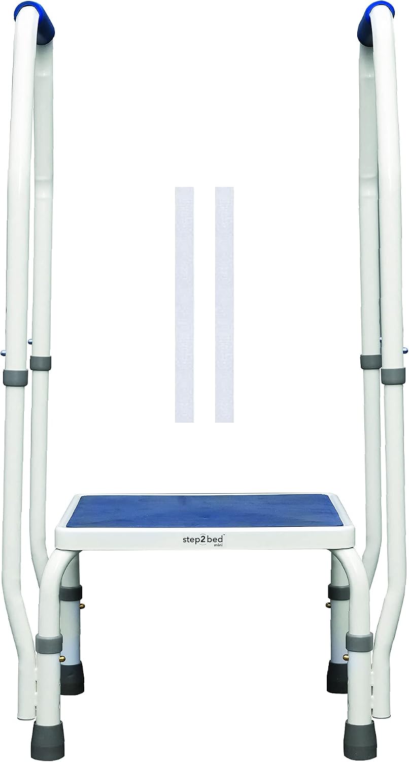 step2bed Mini Step Stool with Handle for Elderly - Adjustable Height Bed Safety Rail for Seniors with Handicap Grab Bars - Stainless Steel Portable Step Stool for Bed (300 LBS Capacity)