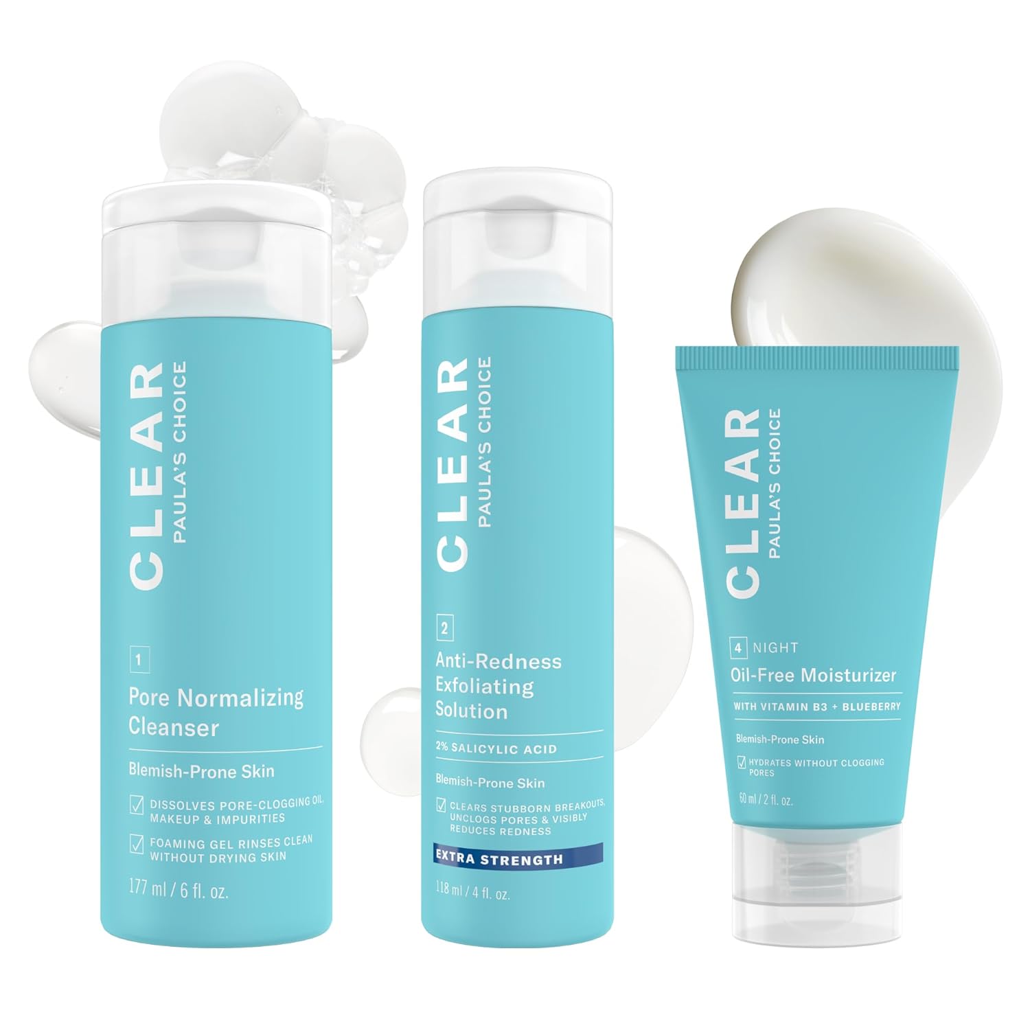 Paula's Choice CLEAR 3-Piece Acne Kit, Includes Cleanser, 2% Salicylic Acid Exfoliant & Moisturizer, Prevents & Treats Mild to Severe Acne & Breakouts, Extra Strength, Fragrance Free, Full Size