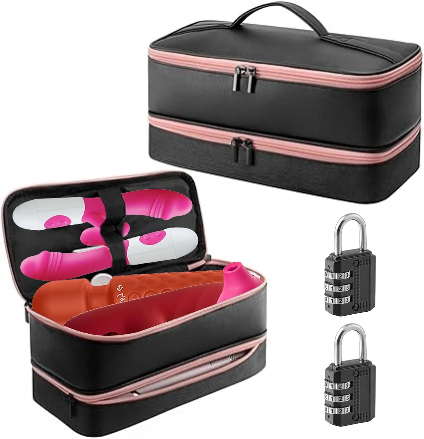 Lockable Sex Toy Storage Bag – Discreet PU Case with 2 Combination Locks, Soft Lining, Waterproof & Dustproof, 13.3"x5.9"x6.7" (34x15x17cm), Adult Toy Organizer with Handle (Black)