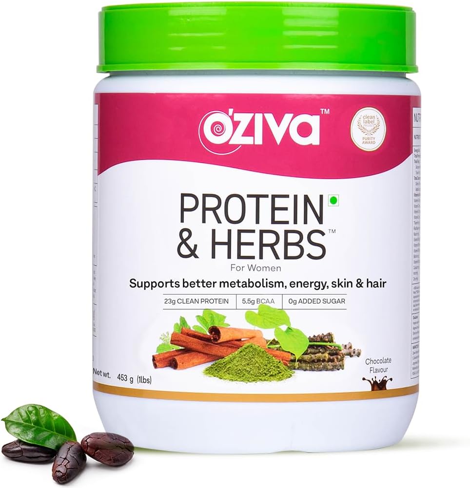 OZiva Protein & Herbs, Women with Multivitamins, Curcumin, Shatavari, Tulsi for Improved Metabolism, Hormonal Balance & Skin, Hair Health, 1.1 lbs (Chocolate, 16 Serving)