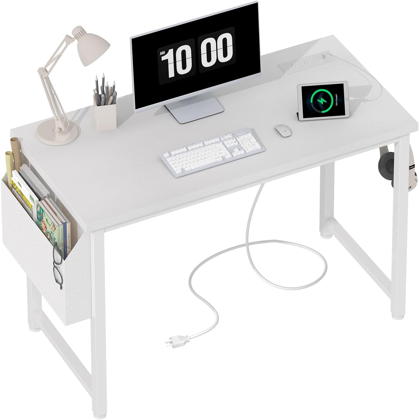 Lufeiya White Computer Desk with Power Outlet, 40 inch Simple Teen Study Table Home Office Work Writing Desks with Charging Station Outlets USB Port Built in, Storage Pocket,White