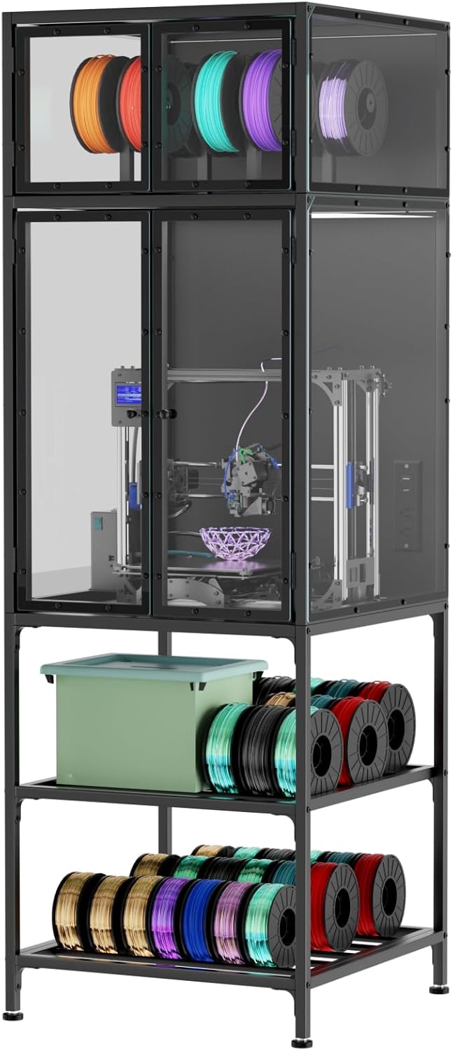 3D Printer Cabinet, Double Layer 3D Printer Stand Filament Storage Rack with T Shaped Bar, Noise Reducing & Dust Proof Enclosure for Home, Studio and Office