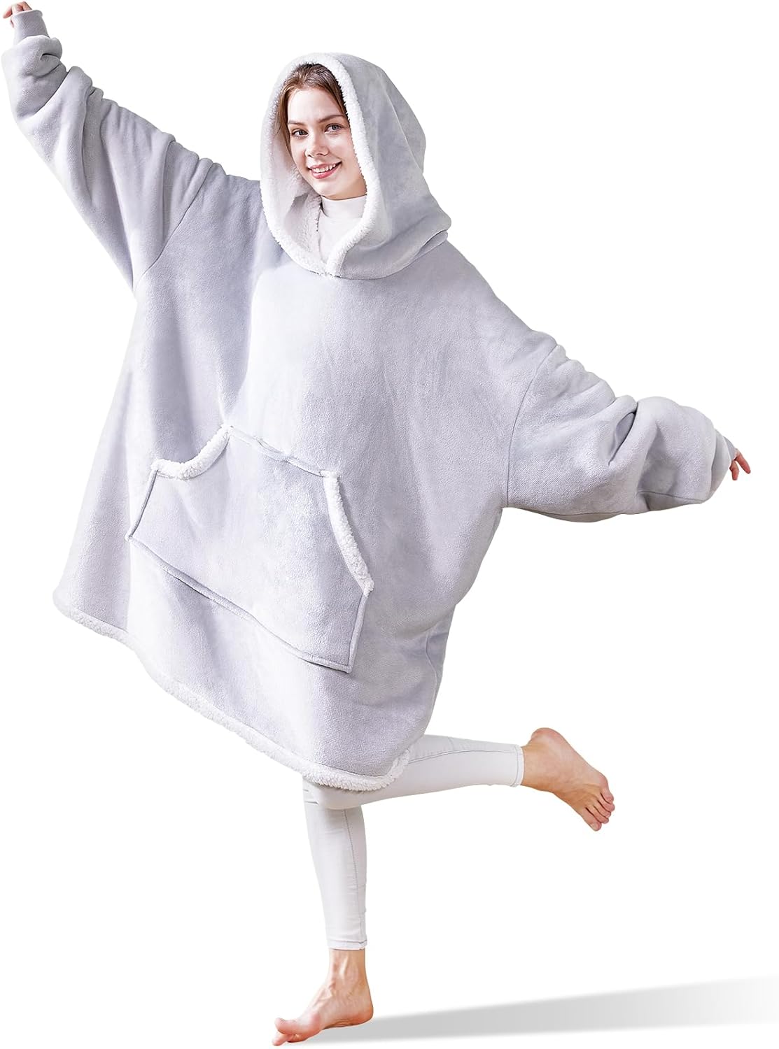 Mia&Coco Hoodie Blanket Women and Men, Oversized Hooded Blanket Hoodie with Pocket, 400GSM Flannel & Sherpa Fleece Wearable Blanket Hoodie, OEKO-TEX Standards Cosy Hooded Blankets, Silver Grey