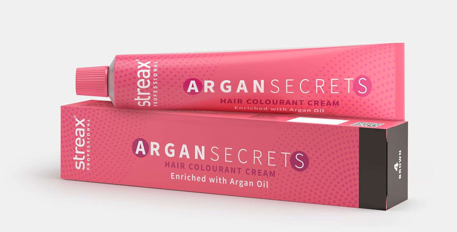 Streax Professional Argan Secret Hair Colourant Cream | Brown 4, 60g | Long-Lasting Nourishing Hair Color with Argan Oil for Soft & Shiny Hair