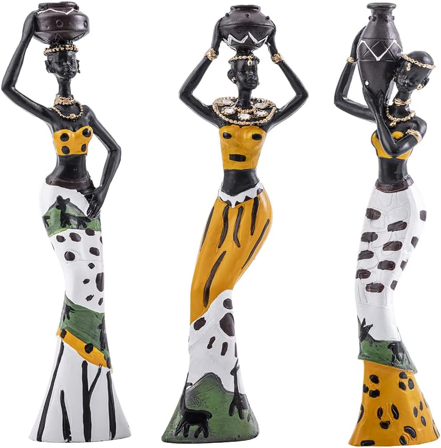 Galiyen 3 Pack African Statues and Sculptures Women Figure Girls Exotic Tribal Lady Figurine Home Decor African American Figurines Collectible Art Piece Decorative Black Vintage Gift Crafts-Yellow