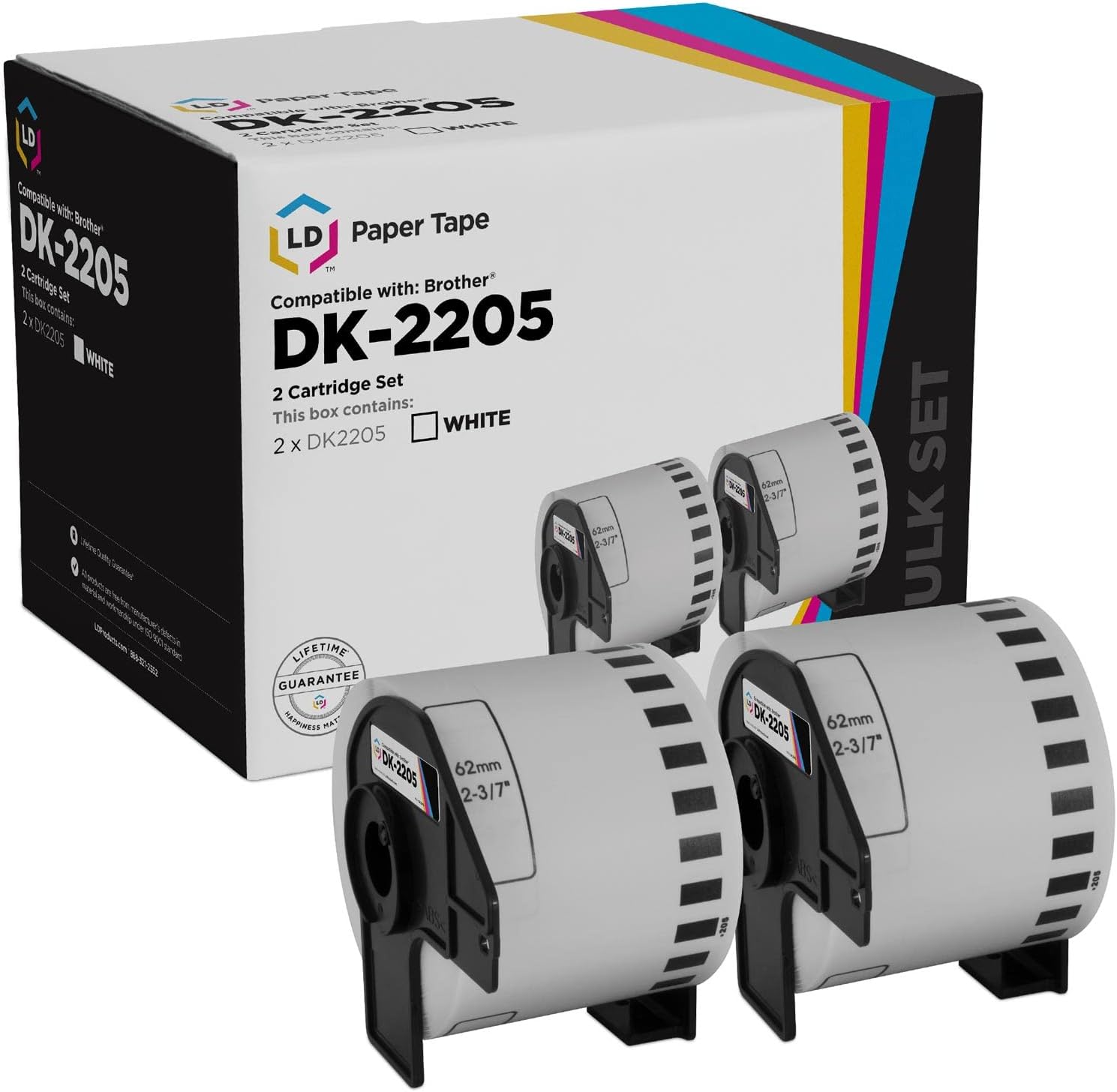 LD Compatible Paper Tape Replacement for Brother DK-2205 2.4 in x 100 ft White, 2-Pack