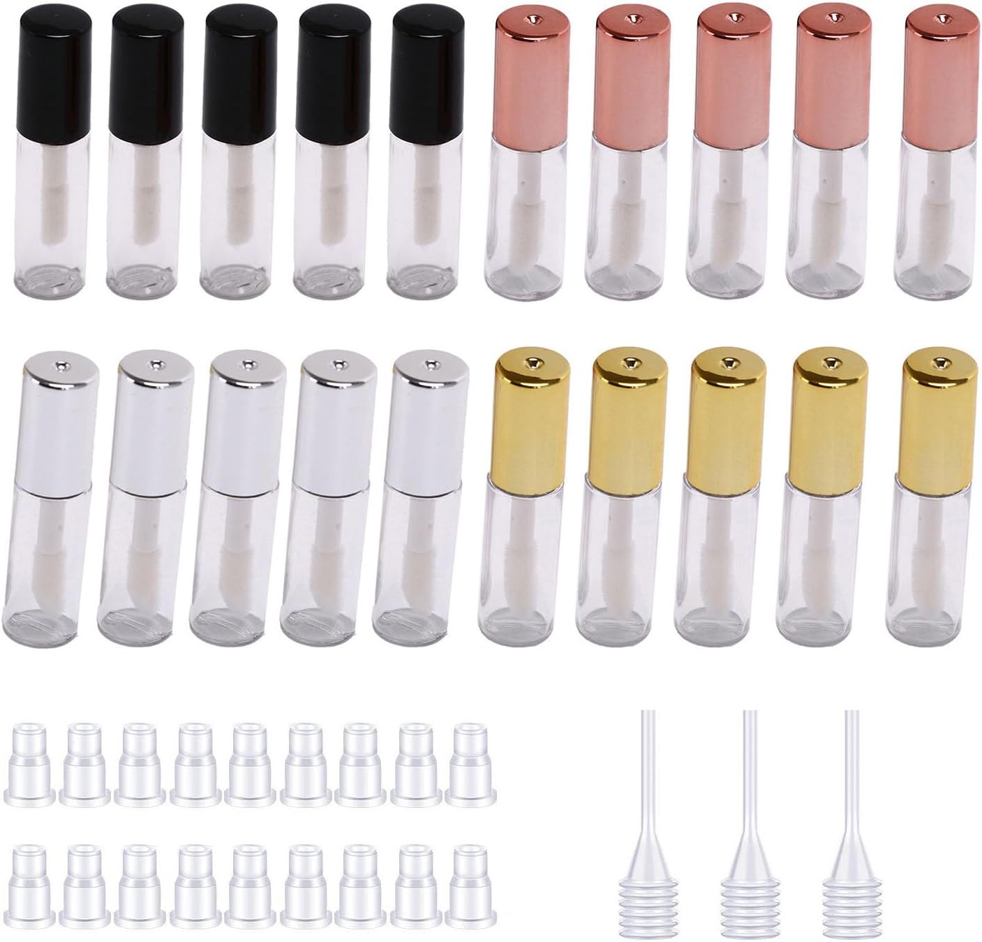 SKYPRO 20 Packs 1.2 mL Pretty Empty Lip Gloss Tubes Containers, Clear Mini Refillable Lip Balm Bottles with Rubber Inserts and 3pcs Transfer Pipettes for Lip Samples Travel DIY Makeup (4 Colors)
