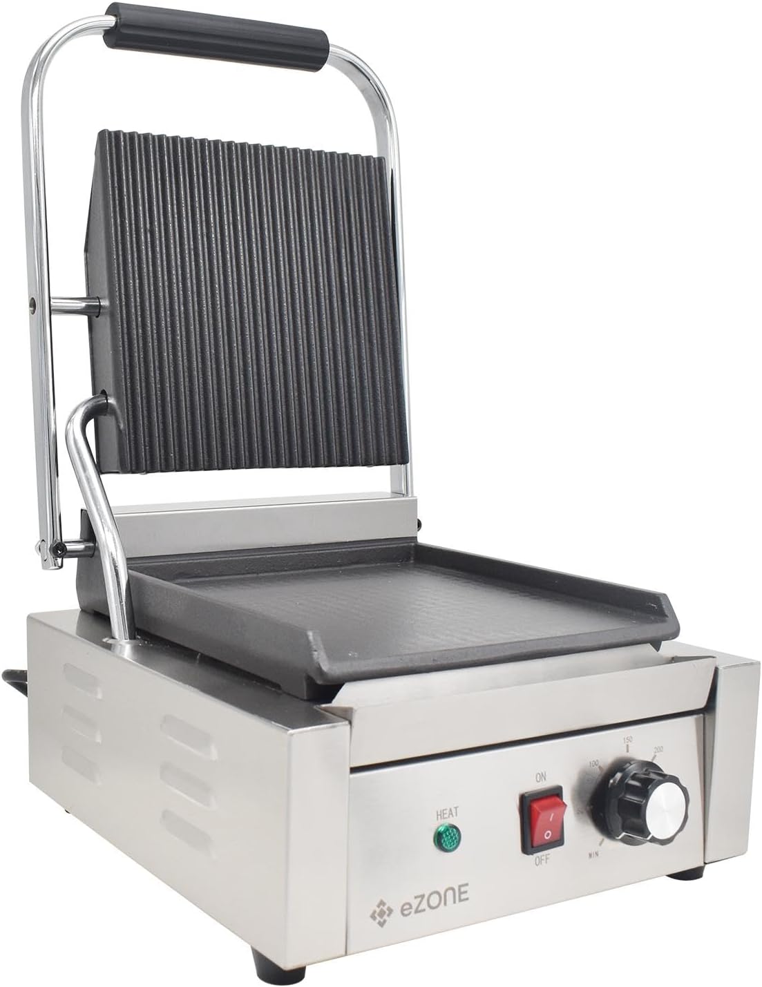 eZone Commercial Single Contact Grill Panini Maker Ribbed/Flat 1.8kW 230V