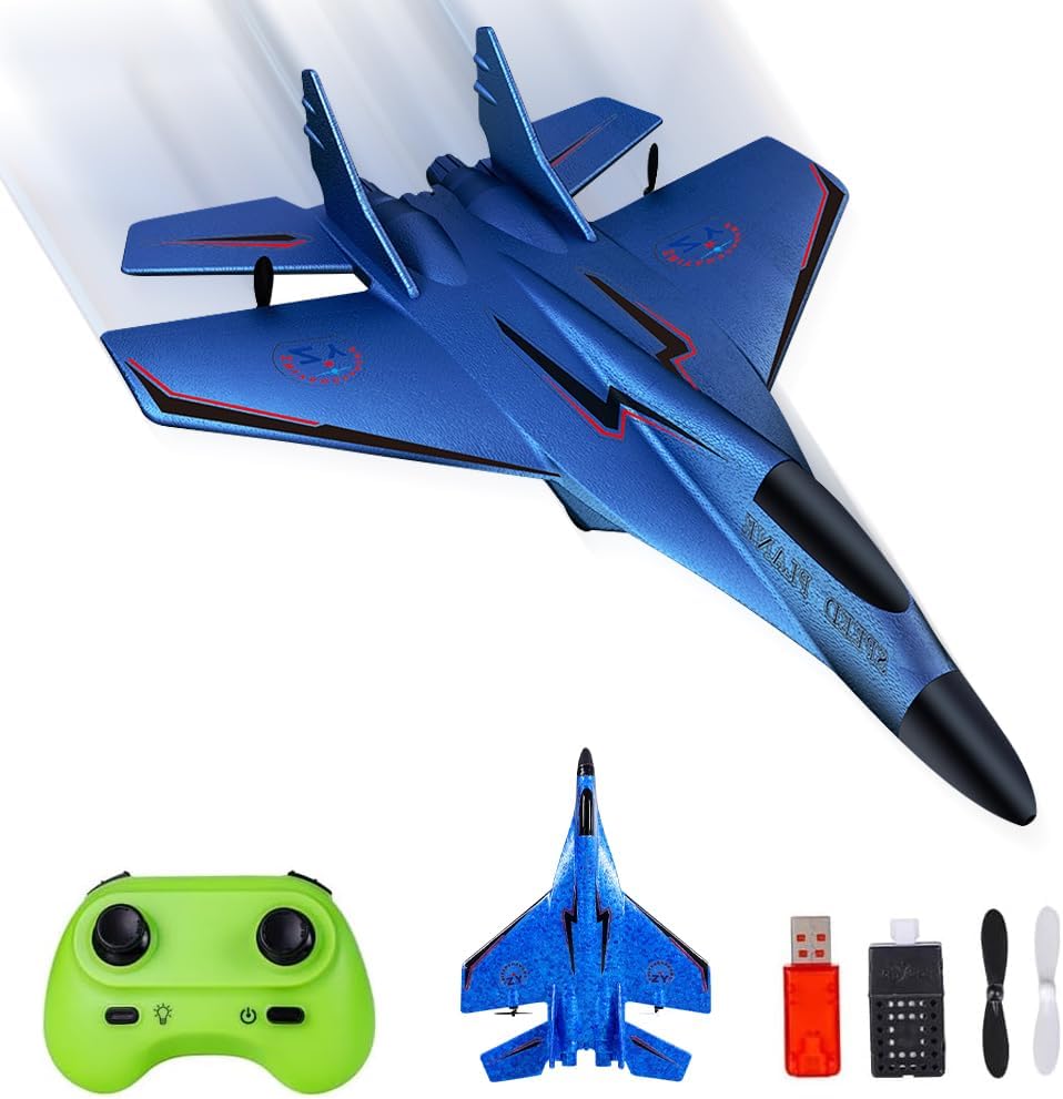 KBIBCK Remote Control Plane, RC Plane Ready to Fly, Remote Control Wireless Airplane Toy, RC Planes 2CH 2.4Ghz RC Planes with LED Lights, Remotes Control Airplanes for Kids Beginners Adult (Blue)