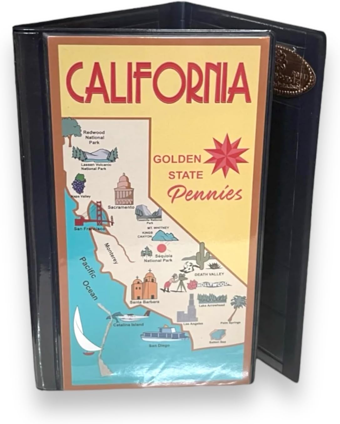 Press Penny Collector Tri-Fold Album - Holds 48 Souvenir Pressed Pennies - Vegan Leather - Every Book Ordered Comes with a Mystery Penny as a Gift (California)