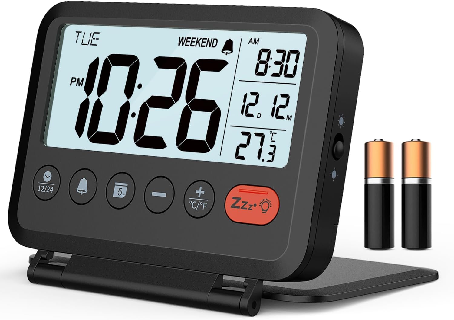 MeesMeek Travel Alarm Clock: 2-Level Backlight, 2 Volumes, 12/24H, Calendar, Temperature, Weekend Mode, Snooze, Folding Cover, Battery Operated Small Digital Clock (AAA Batteries Included)