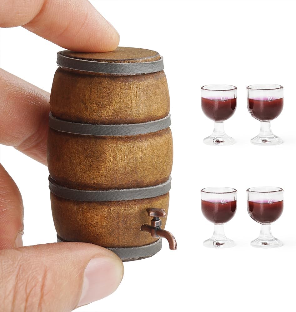 Odoria Dollhouse Wine Barrel and Glasses: 5Pcs 1/12 Scale Miniature Aging Barrels for Rustic Garden Retro Farmhouse Vintage Restaurant Bar Kitchen - Mini Drinking Liquor Alcohol Props DIY for Craft