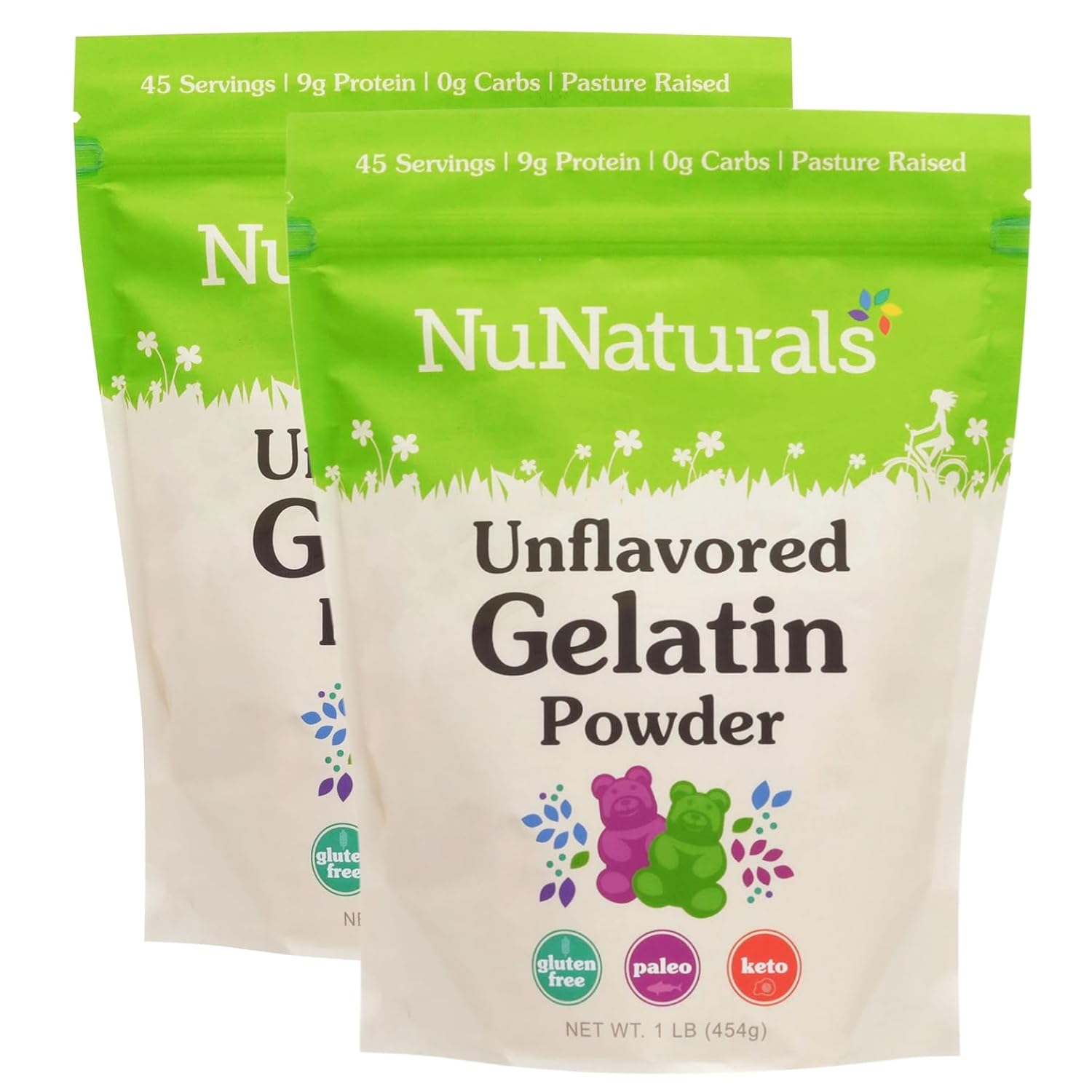 NuNaturals Unflavored Beef Gelatin Powder, Pasture Raised, 1 lb (2-Pack)