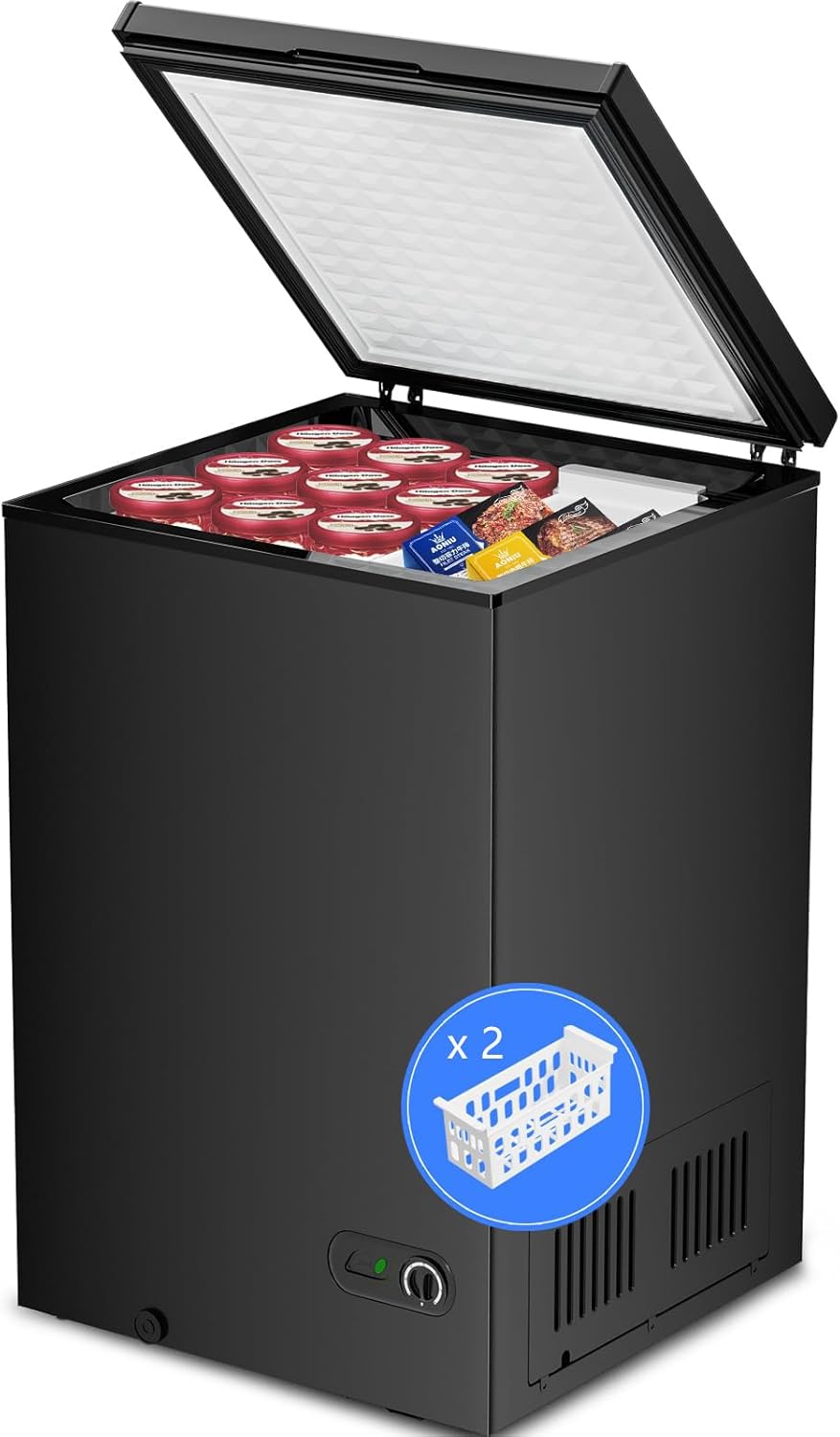 Kismile 3.5 Cubic Feet Chest Freezer with 2 Removable Baskets Free Standing Top Open Door Compact Freezer with Adjustable Temperature for Home/Kitchen/Office/Bar (3.5 Cubic Feet, Black)