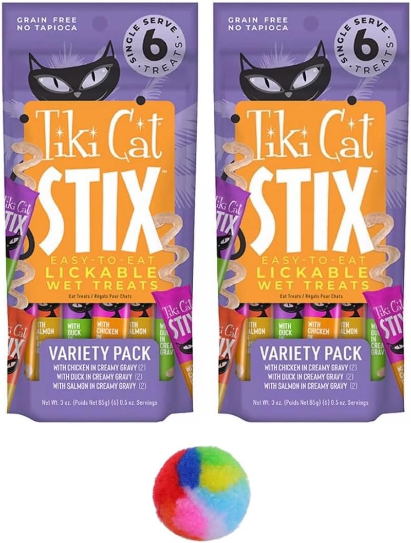 Tiki Cat Stix Mousse Treats, Single Serve Indulgent Lickable Treat, Variety Pack with Salmon, Chicken and Duck, 3 oz. Pouch, 6 Stix in 1 Pouch (Pack of 2), Plus 1 Cat Pom Pom Balls Toy