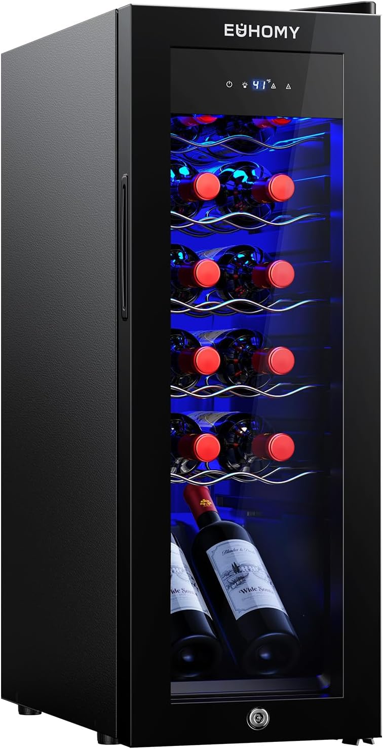 EUHOMY 12 bottle Wine Cooler Refrigerator, Wine Fridge with Lock, Black