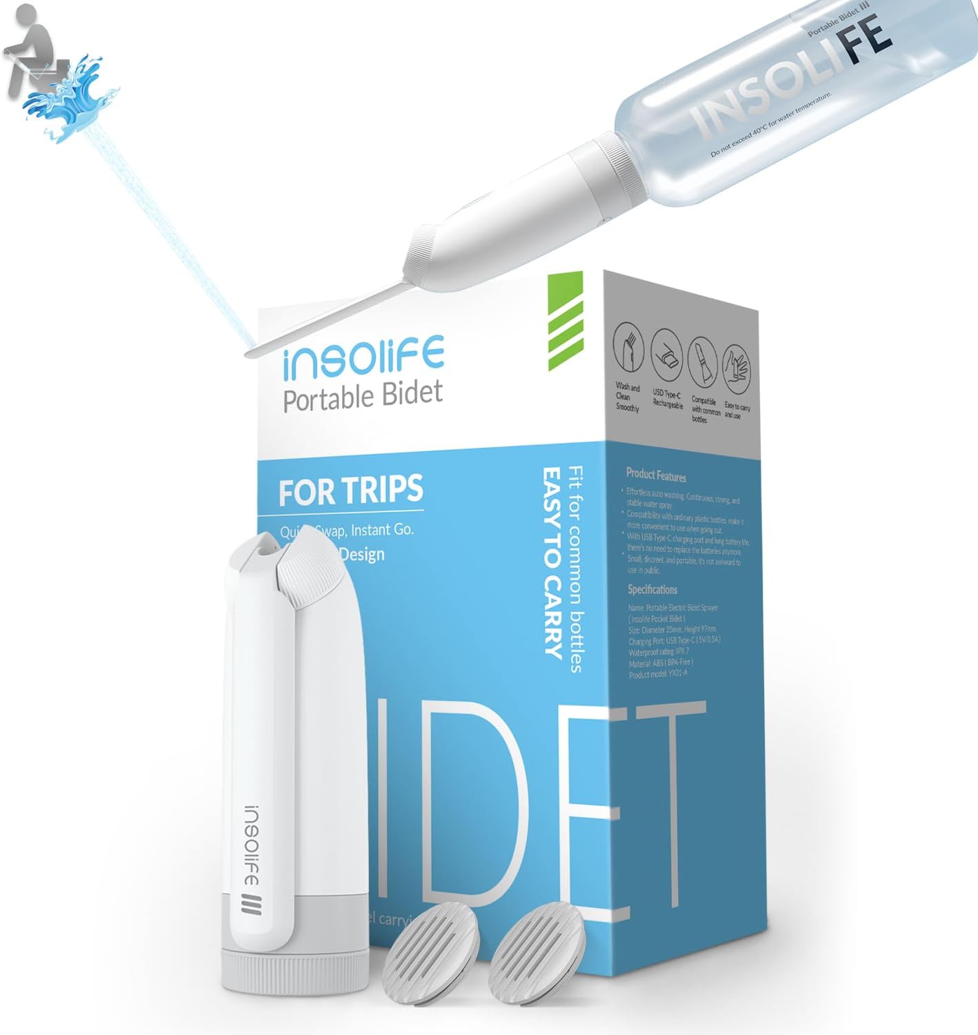 Insolife® Portable Bidet IV | Hidden Gradient Pressure Travel Bidet with Low & High Adjustable Pressure,IPX7 Waterproof,USB Rechargeable on Trip & Daily Use